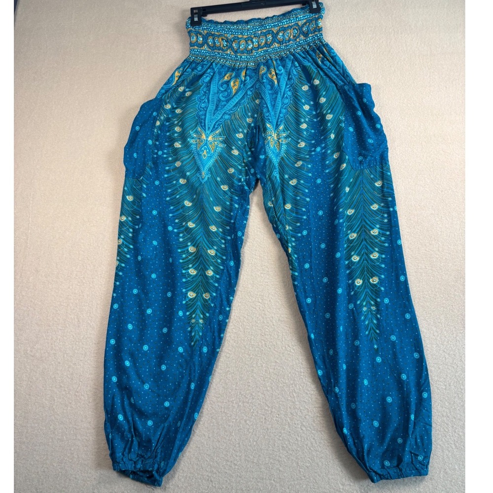Happy Trunks Teal Blue Peacock Feather Harem Pants Smocked Waist Boho Rayon M